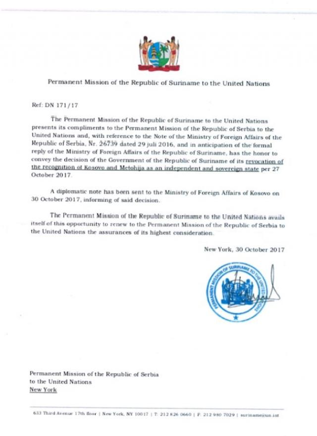 Suriname's diplomatic note